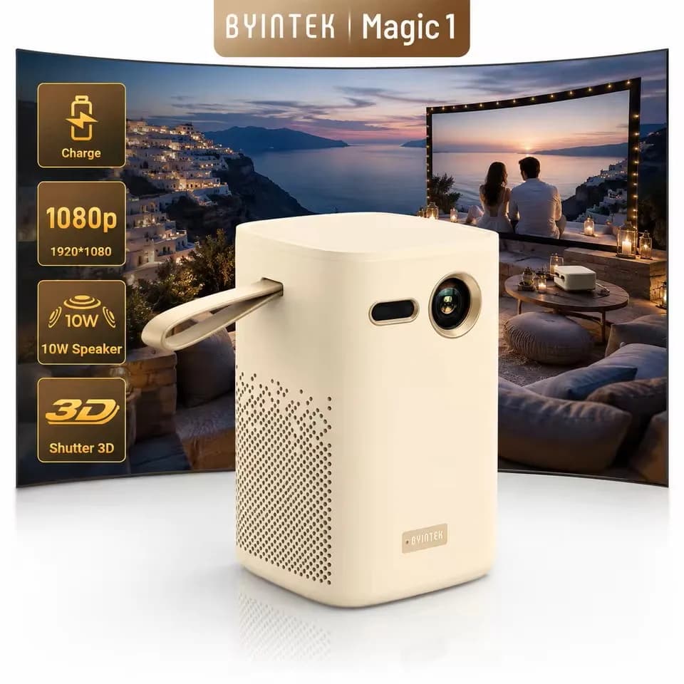 BYINTEK Magic 1 Projector 1080P 300 Inch Home Theater Mini Projector Android 9.0 2G+32G WiFi Bluetooth 15000mAh Battery