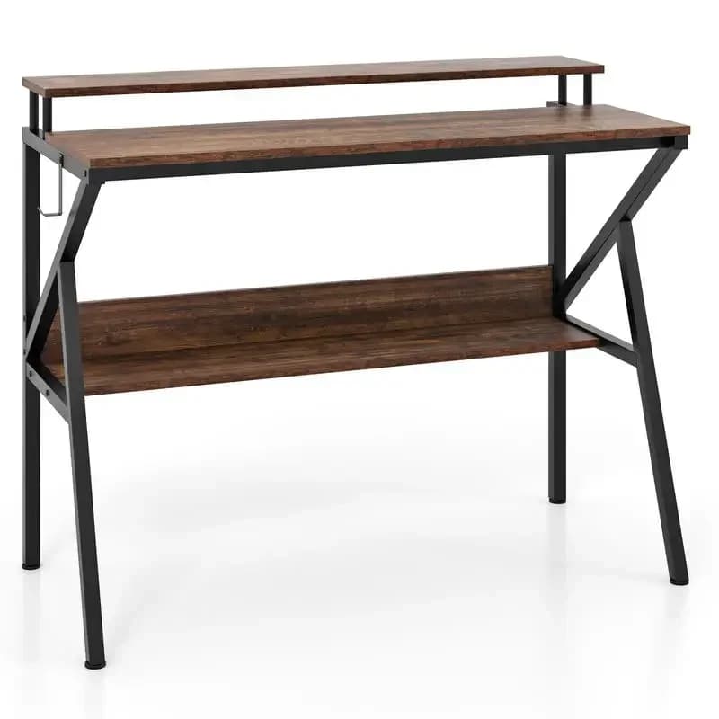Space Saving Computer Desk with Monitor Stand and Extra Storage Shelf for Work Study-Rustic Brown