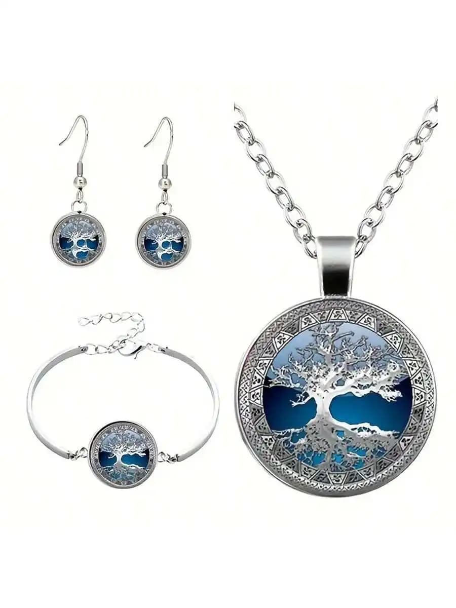 Set di gioielli in lega con albero della vita celtico in 4 pezzi, composto da collana con ciondolo, bracciale e orecchini a gancio per donna