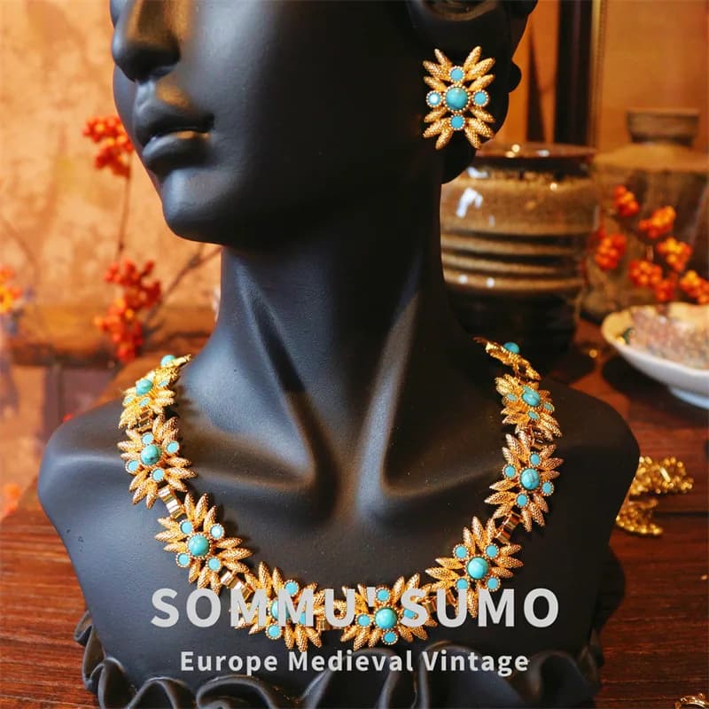 Crystal Zirconium Synthetic Turquoise Rhinestone Necklace, Earrings, Rings, Bracelets, Chinese Antique Style