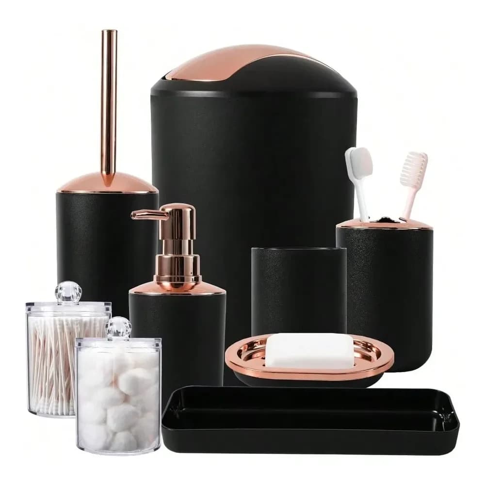 Set di accessori da bagno 9 pezzi: Pattumiera, Dispenser sapone, Porta scopino WC, Porta spazzolino, Bicchiere, Vassoio, Contenitore per bastoncini cotone