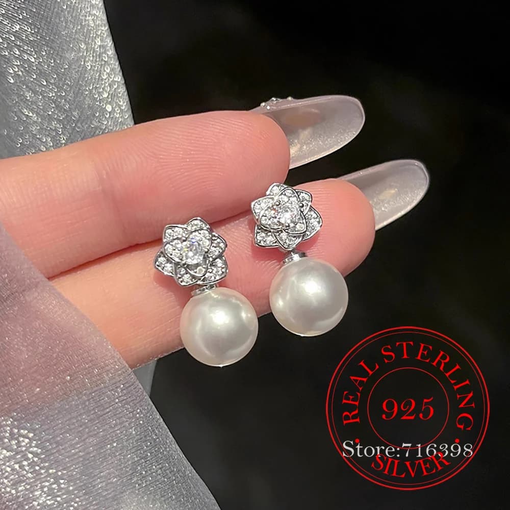 Orecchini a bottone con perle di camelia di cristallo di zircone gioielli in argento sterling 925 per le donne Gioielli per feste di nozze per ragazze Regalo di amiche