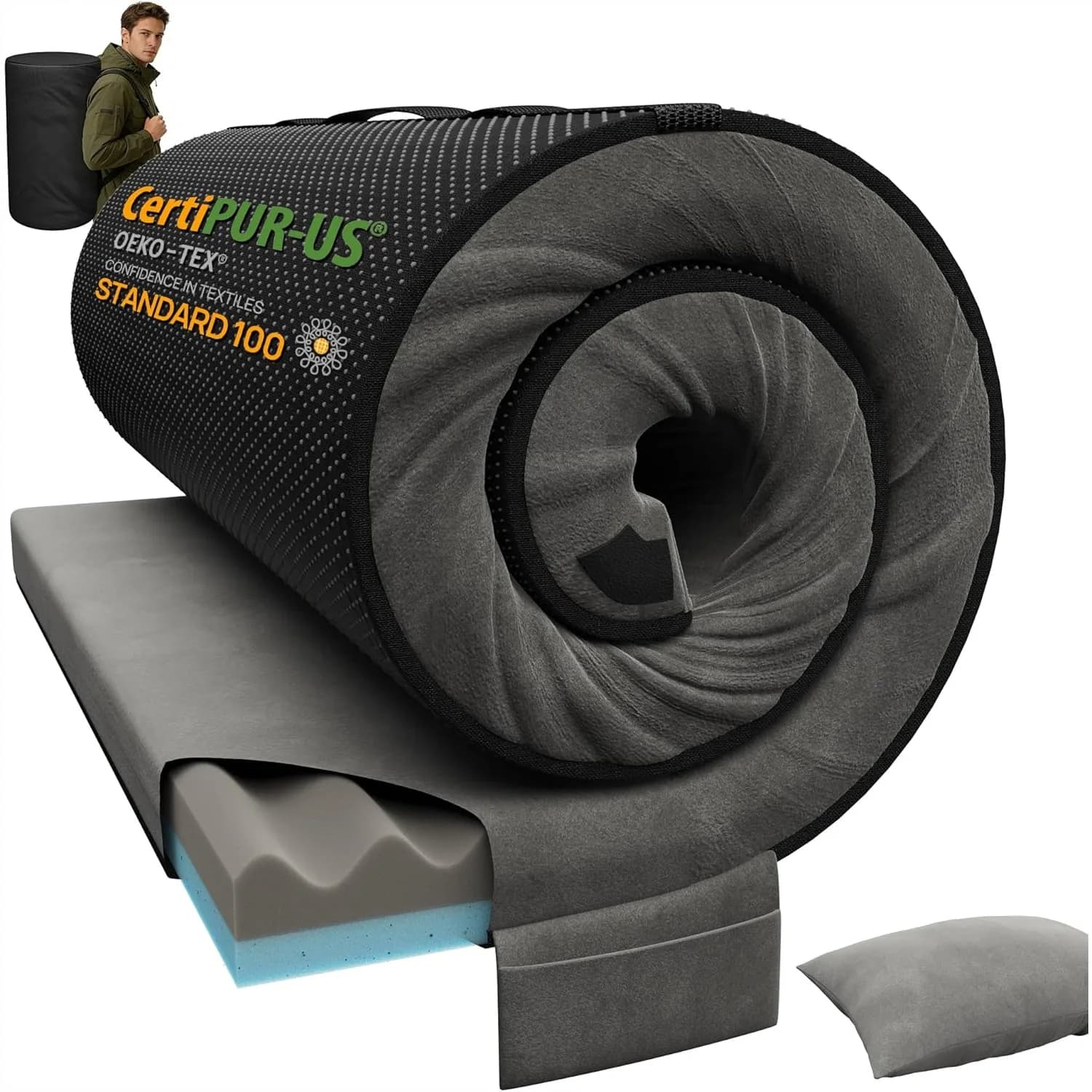 Materasso da campeggio in memory foam a doppia faccia da 3 pollici con cuscino e borsa per il trasporto, materassino impermeabile per tenda, auto, letto per gli ospiti