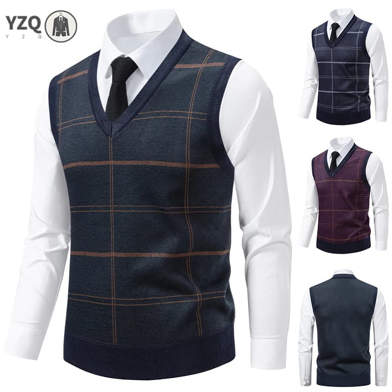 Men's V-neck Knitted Sweater Warm Autumn Winter Diamond Grid Twisted Flower Casual Fashion Versatile Knit Top