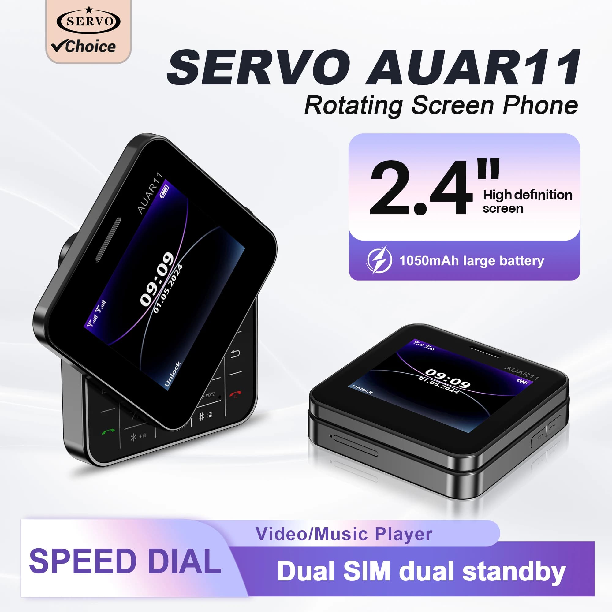 SERVO Telefono Cellulare Mini con Schermo Rotante 2G, Composizione Rapida, Radio FM, Tastiera Fisica, Display a Colori da 2.4", Dual SIM, Torcia