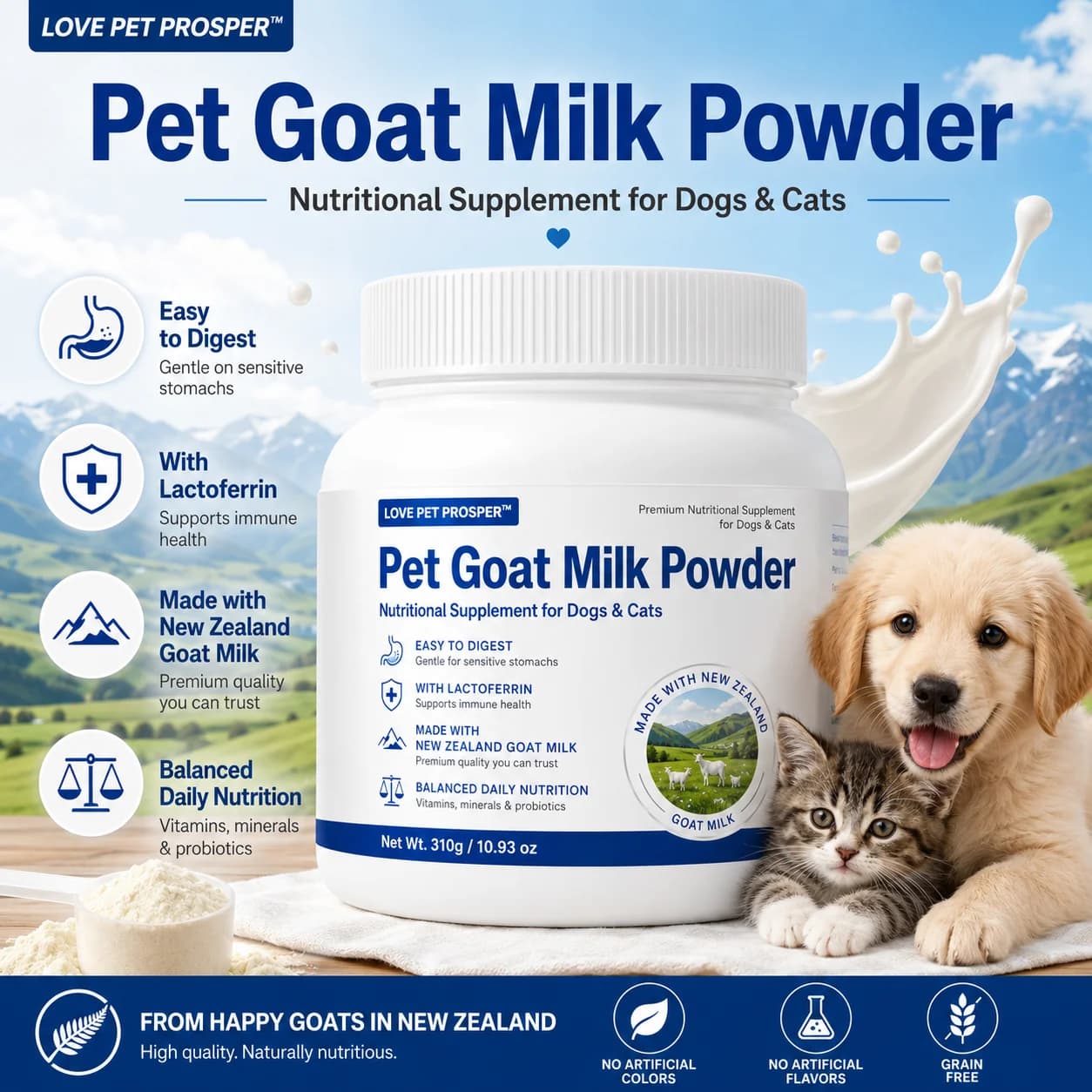 Latte in polvere per cani e gatti, integratore nutrizionale da 310 g con lattoferrina, probiotici e vitamine, latte in polvere di capra facile da digerire per cuccioli, gattini, animali anziani e stomaci sensibili