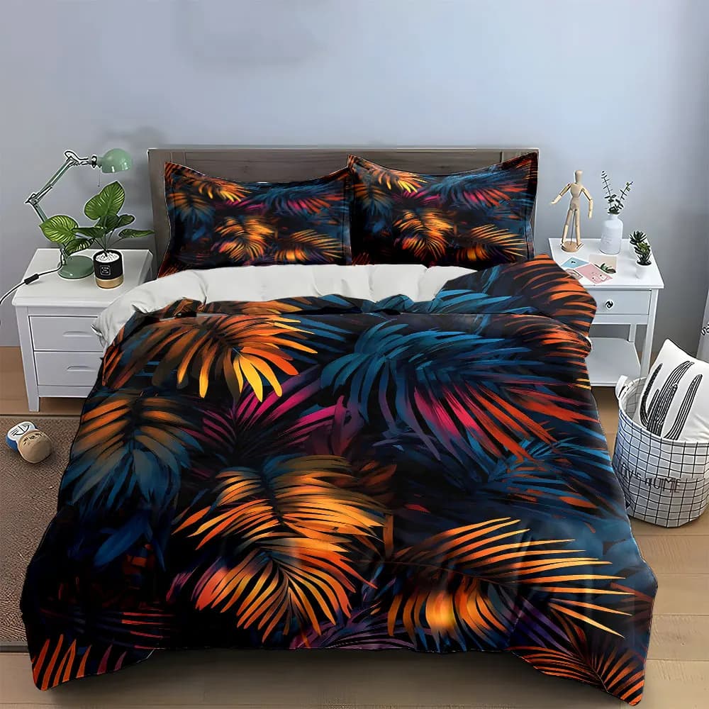 Dark Tropical Leaves Bedding Set, Gradient Palm Leaves in Orange, Blue and Pink Print Duvet Cover + 2 Pillowcases, Moody Decor