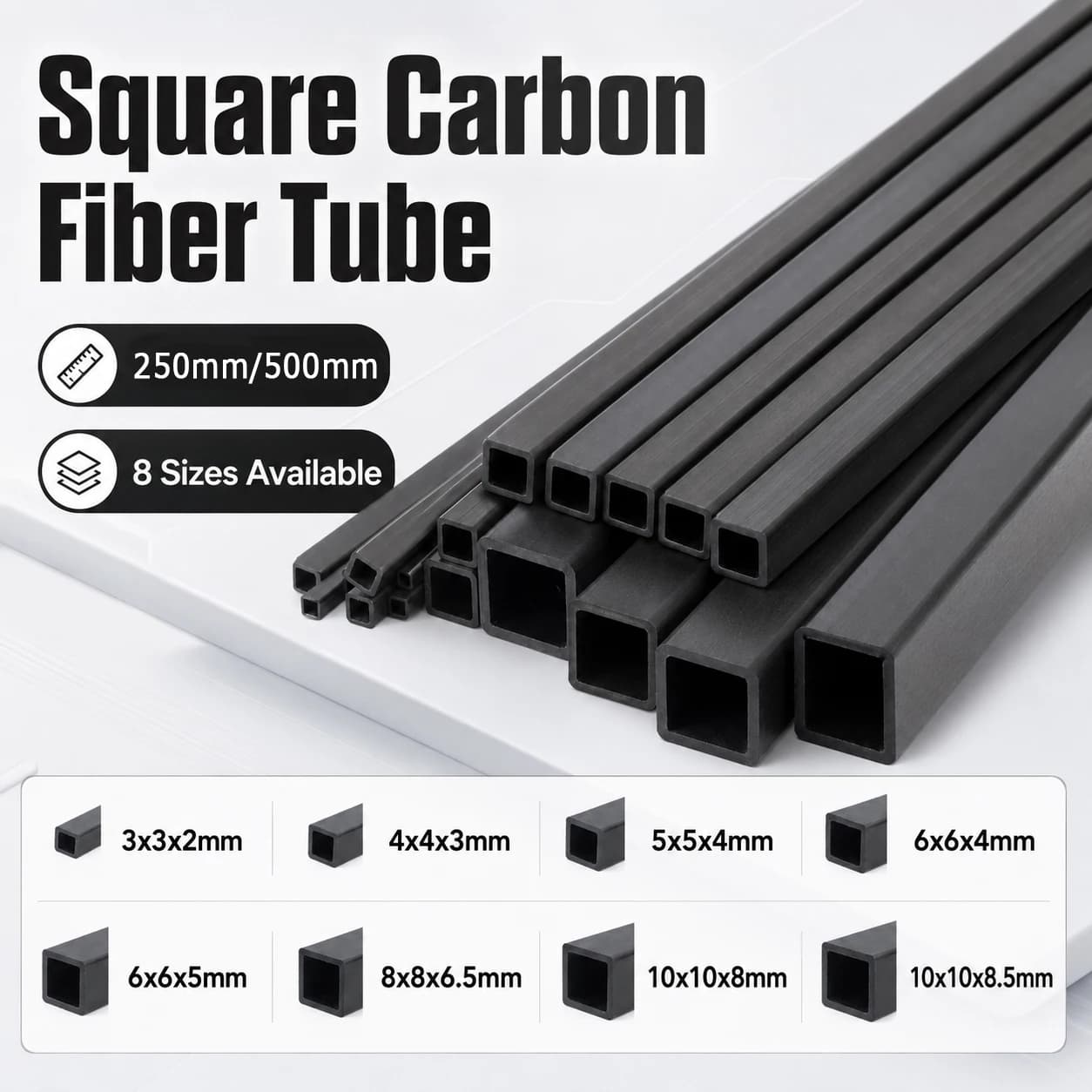 1-6Pcs 250/500mm Carbon Fiber Square Tube, 3-10mm Wall Rectangular Hollow Bar for Drone Frame & RCs Model Support