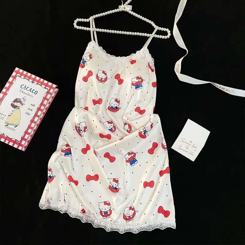 Camicia da Notte Hello Kitty da Donna in Seta Ghiaccio con Bretelle Senza Maniche, Cartone Animato Estivo in Seta con Imbottitura sul Seno, Pigiama Sexy per Studentesse in Dormitorio