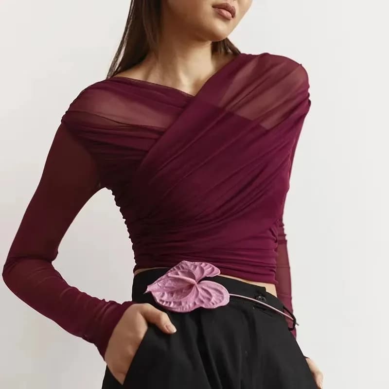 Talenza Maglia di Moda Trasparente Top T-shirt da Donna Sexy Solido Manica Lunga T-Shirt A Pieghe Autunno Retro Che Basa Top Corto Y2k