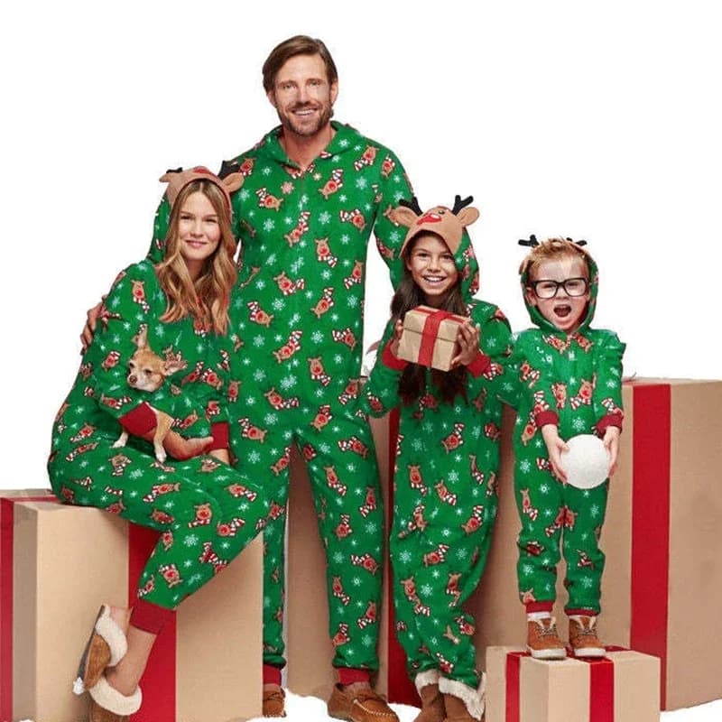 2026 Nuovo look Tutina coordinata per la famiglia All Elk Stampa Tuta con cappuccio con cerniera Pigiama natalizio Manica intera Pagliaccetto intero Natale
