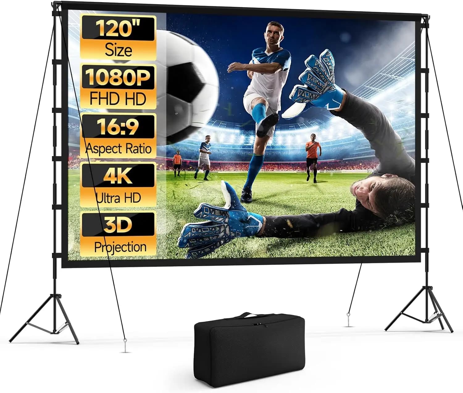 Schermo per Proiettore Portatile da 120 Pollici con Supporto, Pieghevole 4K HD per Home Theater Interno ed Esterno e Serate di Cinema all'Aperto