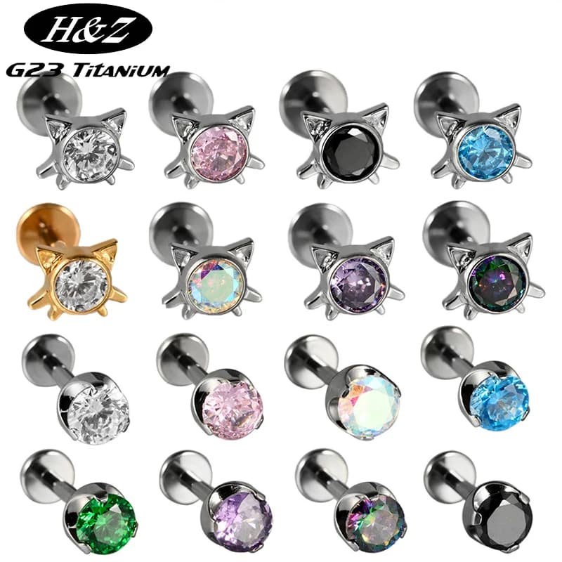 2PC G23 Titanio Piercing Labret Anello con perno per labbro Rotondo CZ Filettatura interna Stud Ear Helix Daith Orecchini cartilagine Gioielli penetranti