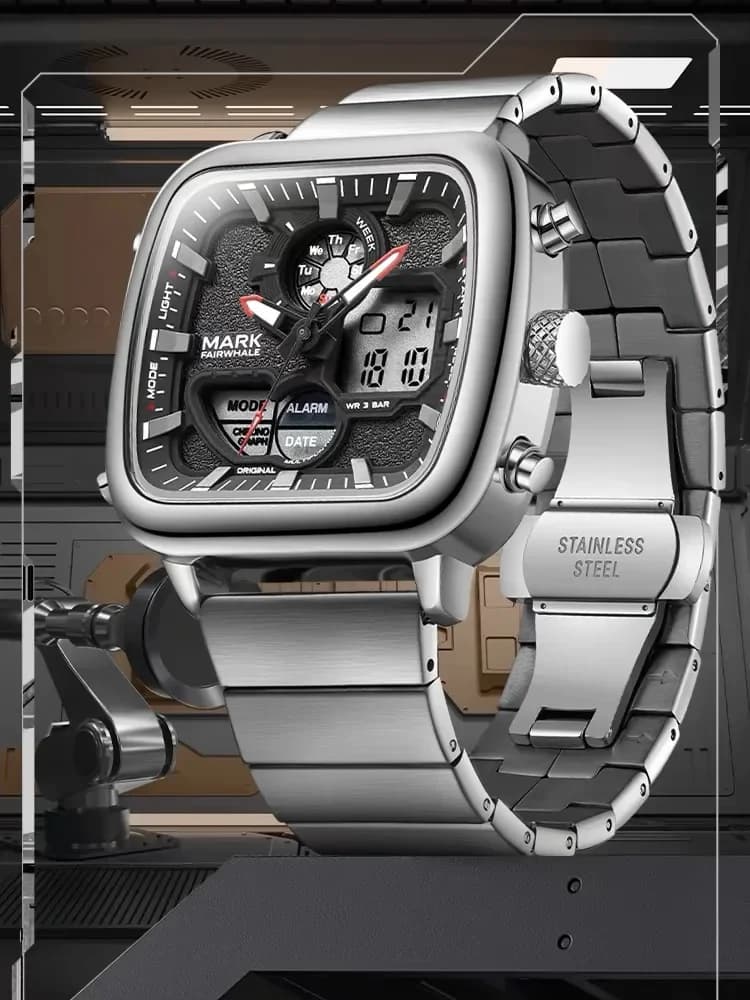 MARK Fairwhale 4420 Orologio da uomo al quarzo moda quadrato Orologio da uomo elettronico di lusso in acciaio inossidabile con luce notturna a doppio display