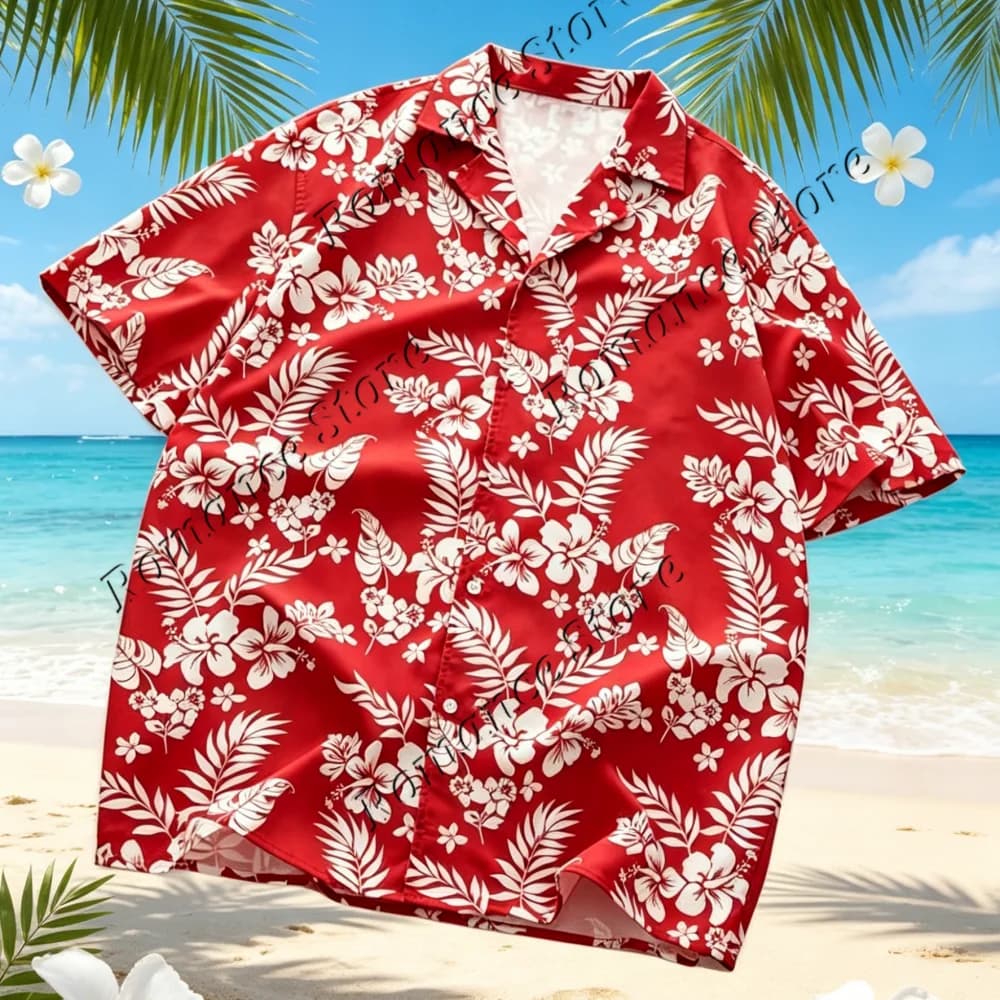 Vintage Red Hibiscus Leaf Print Men Hawaiian Shirt Casual Short Sleeve Loose Fit Beach Travel Holiday Breathable Button Up Shirt