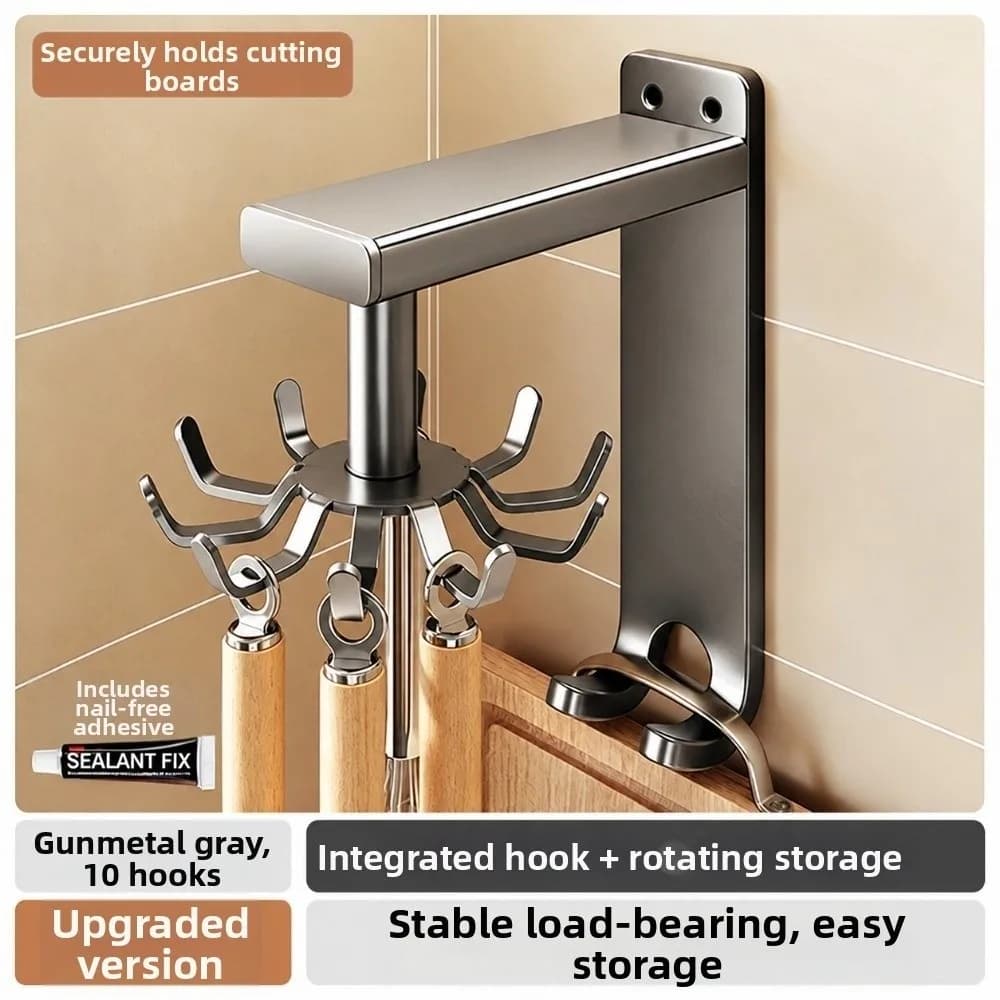 Wall Mounted Kitchen Hook Rack No-Drill 360 Degrees Rotating Rotating Hook Rack Universal Heavy Duty Kitchen Storage Rack