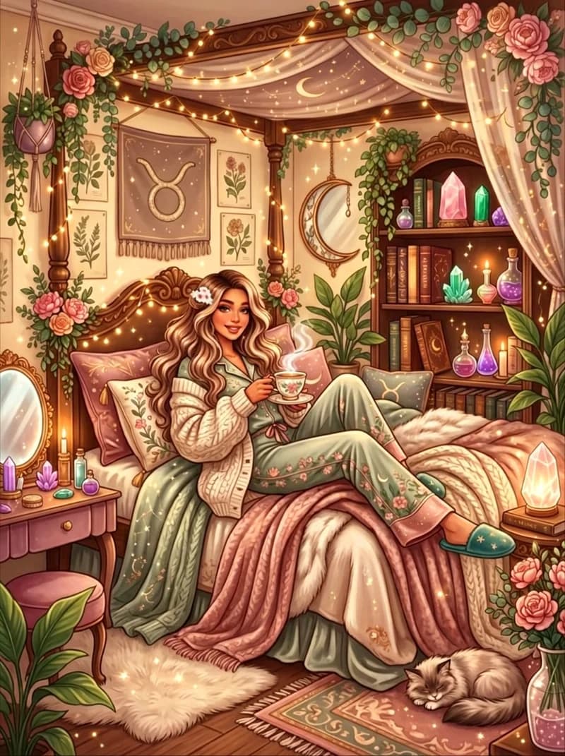 Cozy Taurus Girl Drinking Tea In Boho Floral Bedroom Cat Decor 5D Diamond Painting Kit Cross Stitch Handmade Art Home Wall Decor