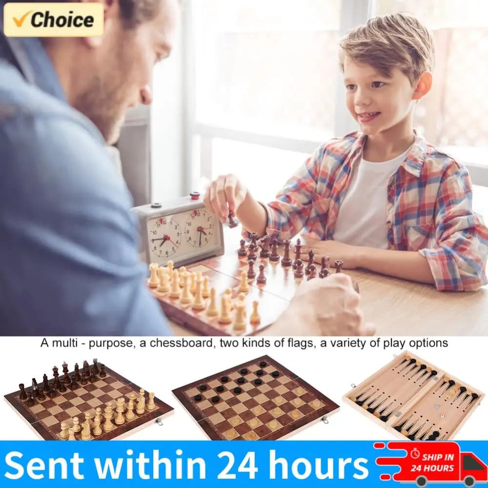 Set di Scacchi 3 in 1 con Scacchiera in Legno, Set di Scacchi Raffinato, Set di Gioco Scacchi e Dama per Giochi da Tavolo