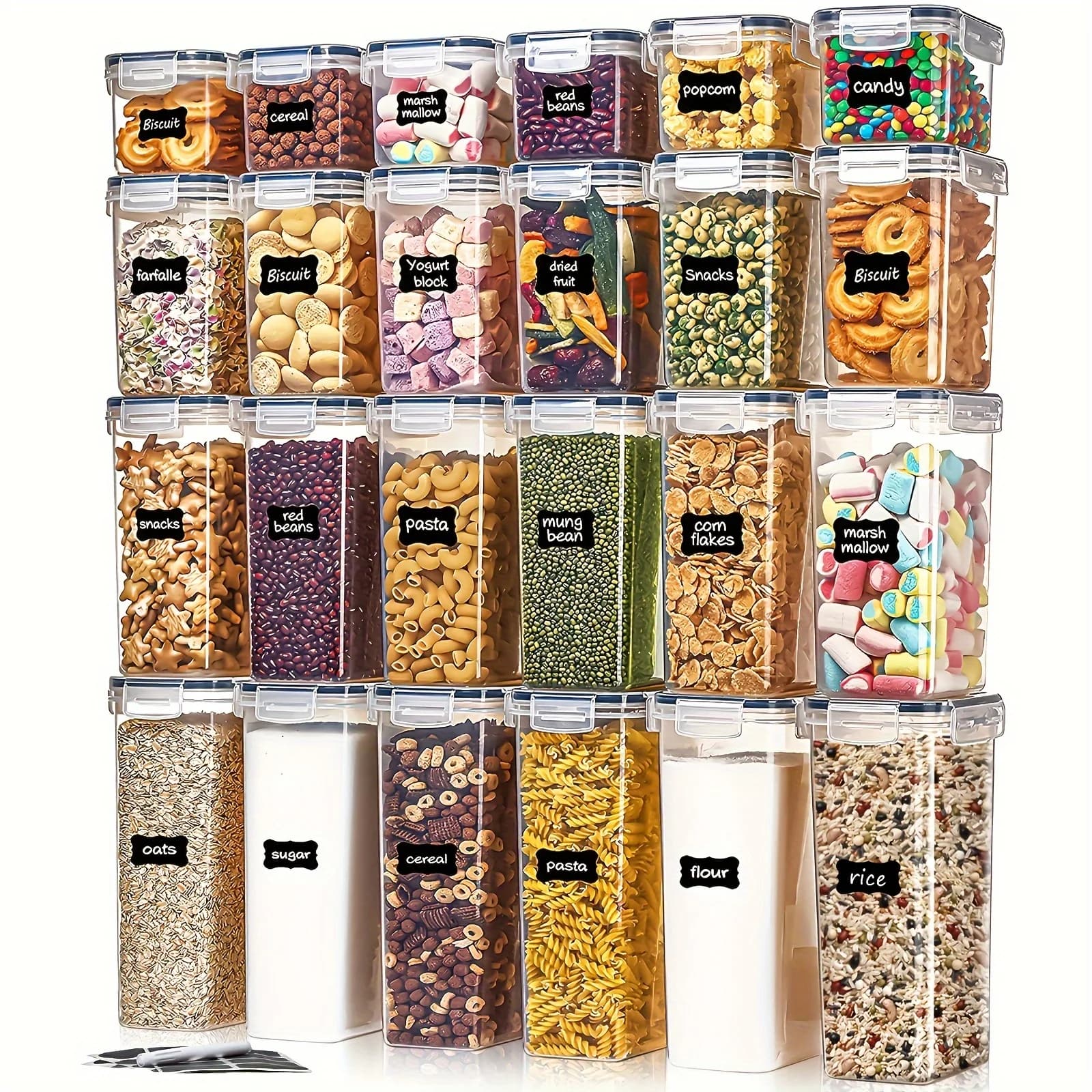 Set di contenitori ermetici per alimenti da 24 pezzi - Organizzatori per dispensa da cucina senza BPA per cereali, farina, zucchero | Le etichette e pennarelli includono