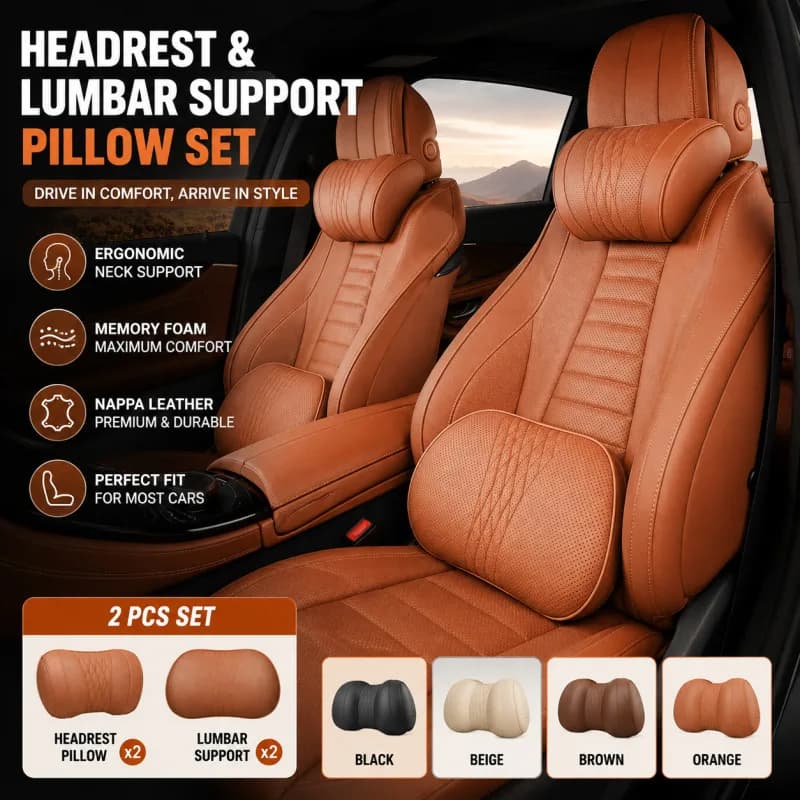 Car Headrest Neck Pillow Memory Foam Lumbar Support Cushion Nappa Leather Ergonomic Car Seat Back Support Interior Accessories