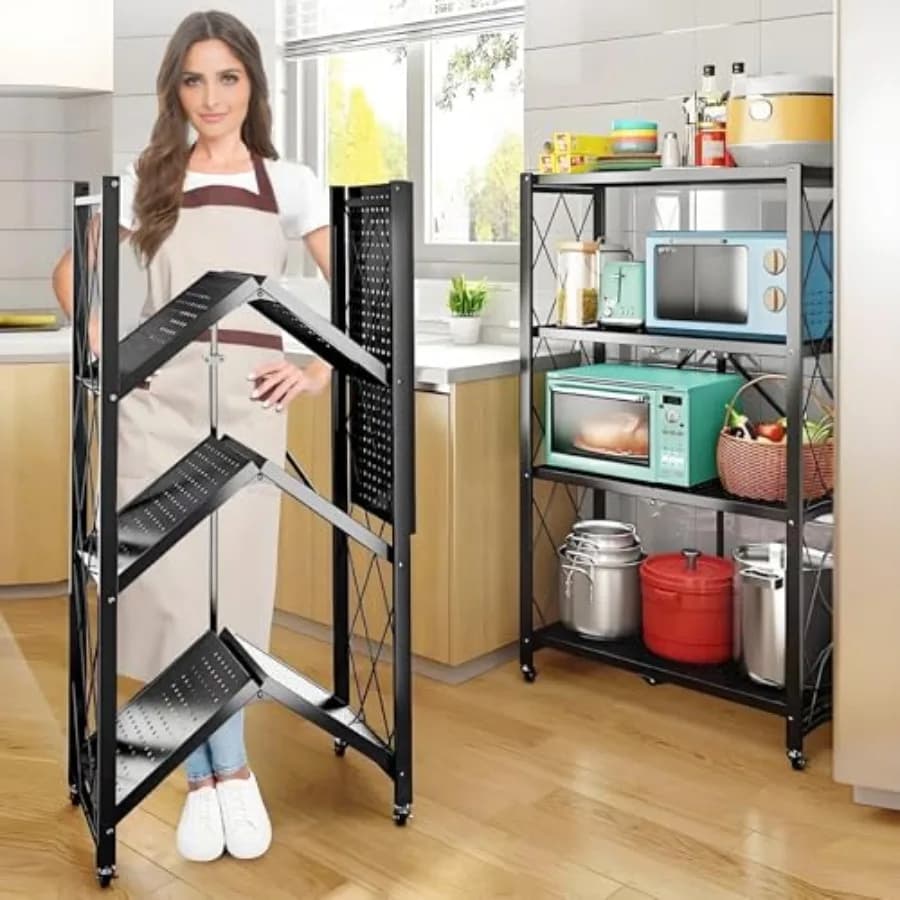 Scaffale porta pneumatici a 4 ripiani, pieghevole, in metallo, per garage, mobiletto portatile, 28" x 13" x 48", per cucina e panetteria