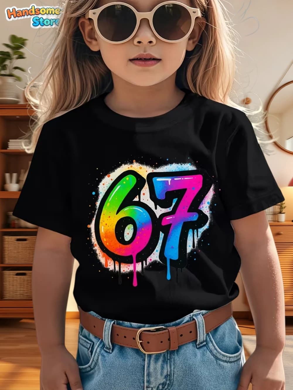 67 Meme T-shirt per ragazzi e ragazze Moda Splashed Ink Stampa 3D Ragazza Manica corta T-shirt Girocollo Top Allentati Abbigliamento per bambini