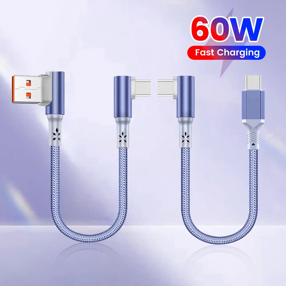 10CM 20CM Short Elbow USB C Cable Braided 60W Fast Charging Data Cable For iPhone 15 16 Huawei Samsung Xiaomi Dual Type C Cable