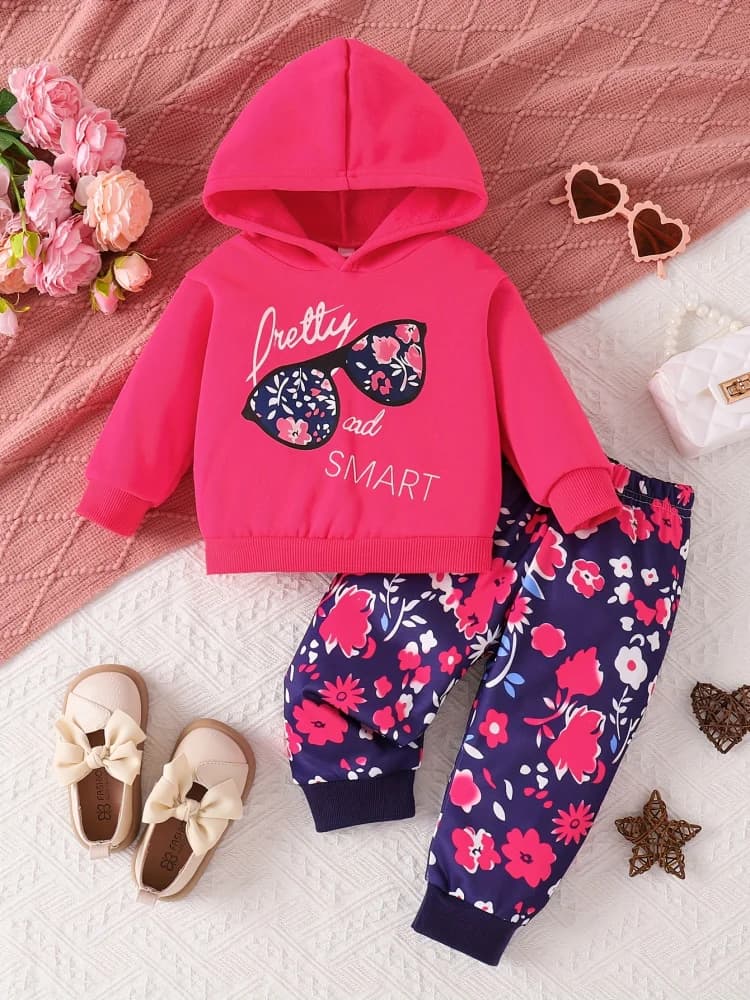 Stampa di occhiali da sole floreali "Pretty & Smart" - Felpa con cappuccio rosa e jogging floreali Set da 2 pezzi per bambini dolci