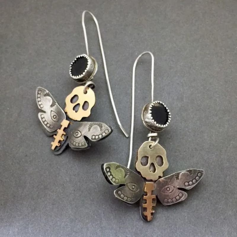 Gothic Style Death Moth Dangle Earrings Skull Gothic Butterfly Rock Emo Punk Silver Plated Earrings Personality Jewelry Y2K