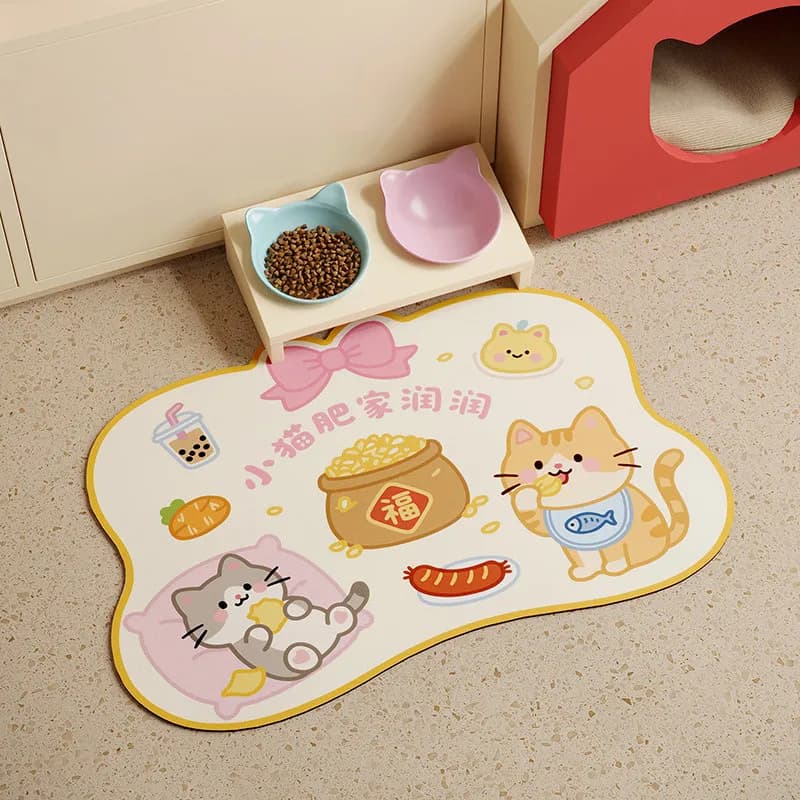 VIKAMA Lucky Cat "Fat Cat Home" Print Pet Feeding Mat Waterproof Anti-Slip Food Mat for Cat Dog Bowl