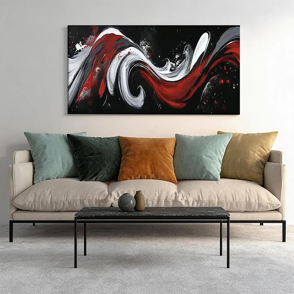 Decorative painting on canvas with wooden frame, 3 pieces, abstract art, red, white and black waves. Hall decoration.
