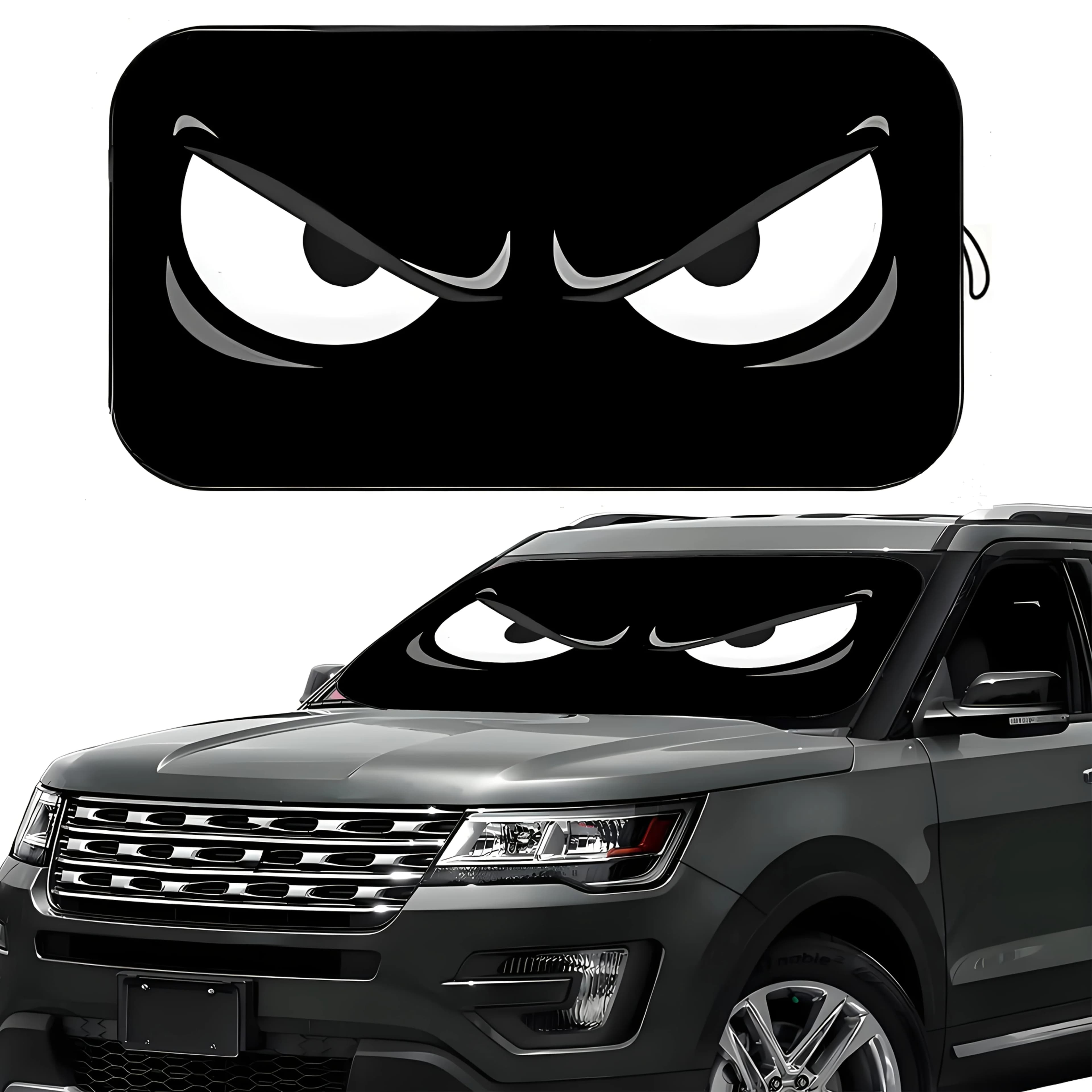 1 parasole per auto nero con design Angry Eyes - Copertura per parabrezza pieghevole per protezione estiva dal calore e dai raggi UV, tappetino in poliestere resistente