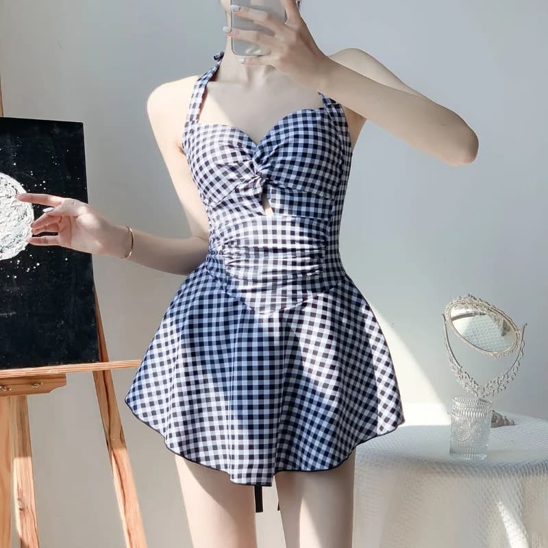 Nuovo Costume da Bagno Intero da Donna 2026 Senza Schienale, con Gonna a Quadri e Lacci, Modellante e Contenitivo, per la Spiaggia