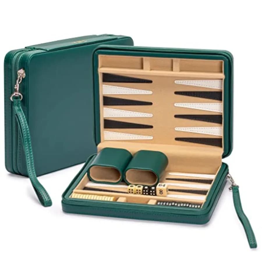 Set da viaggio di backgammon mini Izmir - Dama magnetica e tavola da 9 pollici in elegante custodia in similpelle - Gioco di strategia classico