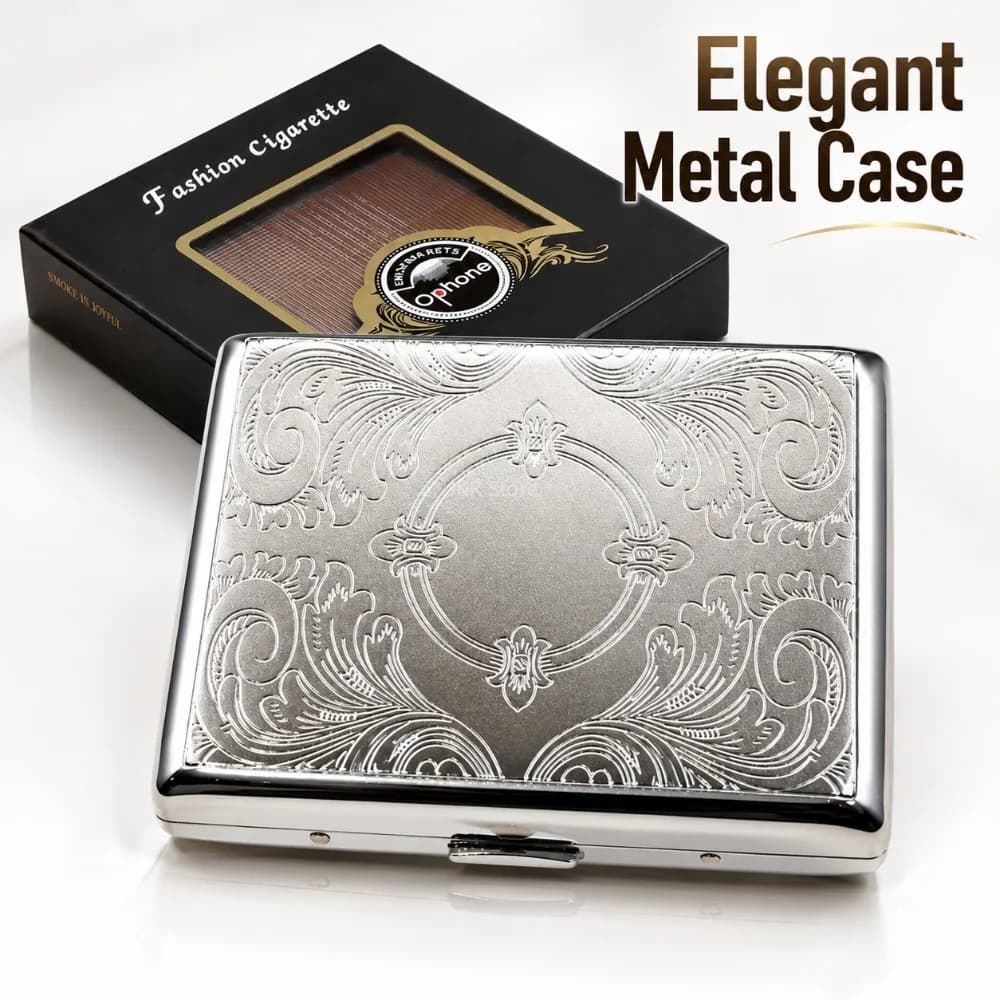 Stainless Steel Cigarette Box Embossed Portable Metal Case Storage Holder Smoking Accessory for Men Women Travel Daily Carry
