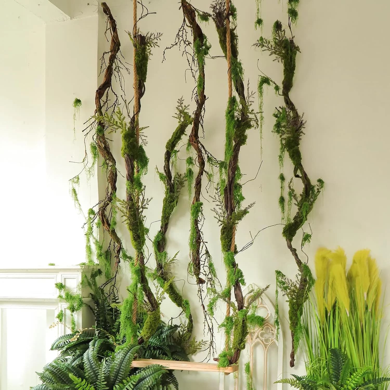Artificial Wilted Rattan Branches with Moss Fake Ivy Plants for Wall Hanging Gardens Home Indoor Outdoor Desktop Landscaping