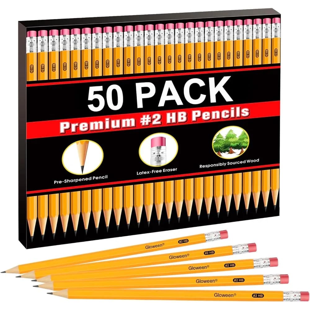 Pre-Sharpened #2 HB Wood Cased Pencils Bulk 50 Pack for Writing Drawing Sketching School Office Classroom Supplies Art Studio Exam Standardized Test Homework Professional Artist Student Teacher Bulk Box Set of Graphite