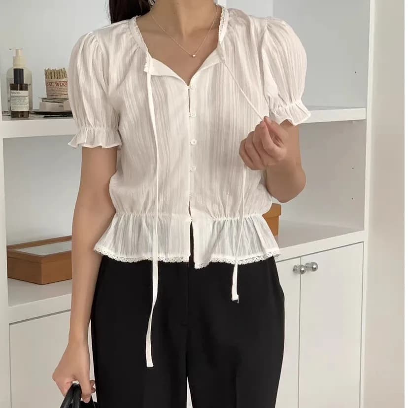 Women's Shirt 2025 Spring Summer New Style Casual Fashionable Bubble Sleeve Short Length Belted Top Trendy Commute Style Pure...