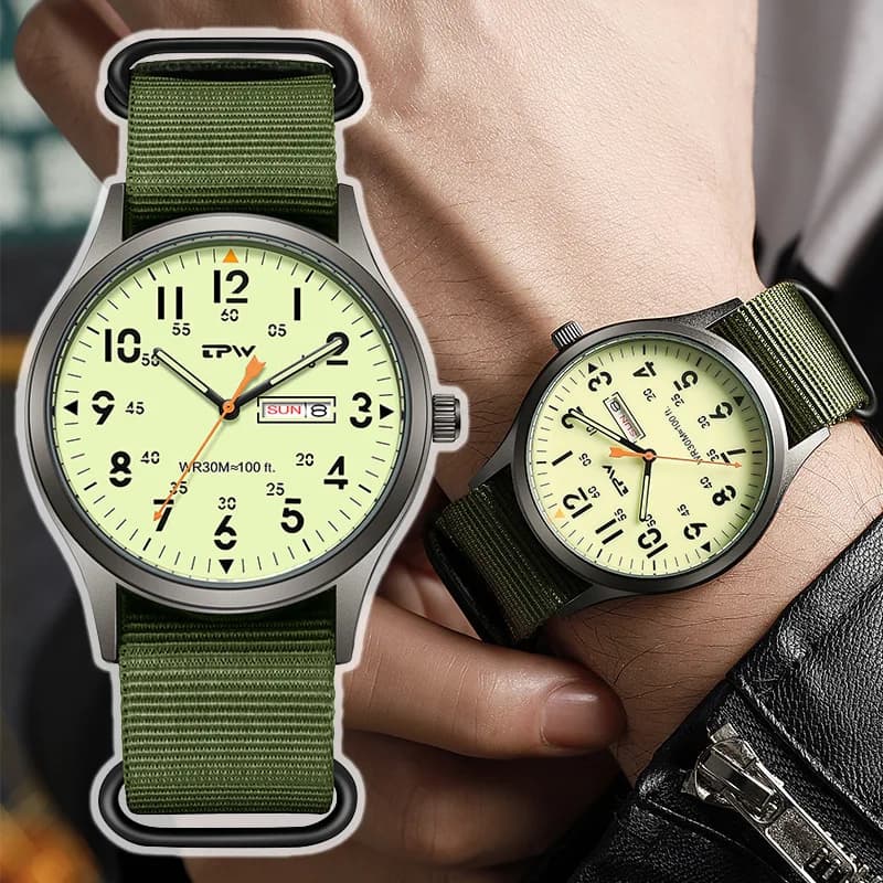 Nuovo Orologio Militare al Quarzo Verde Militare 2026 per Uomo, Impermeabile con Cinturino in Nylon, Doppio Calendario, Luminoso, per Sport all'Aperto