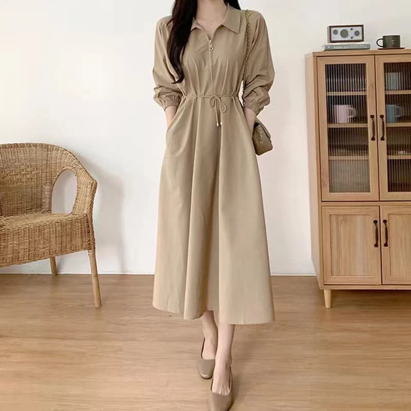 Fashionable Korean woman dress spring summer with waist belt and design, versatile, long sleeves, for commuting
