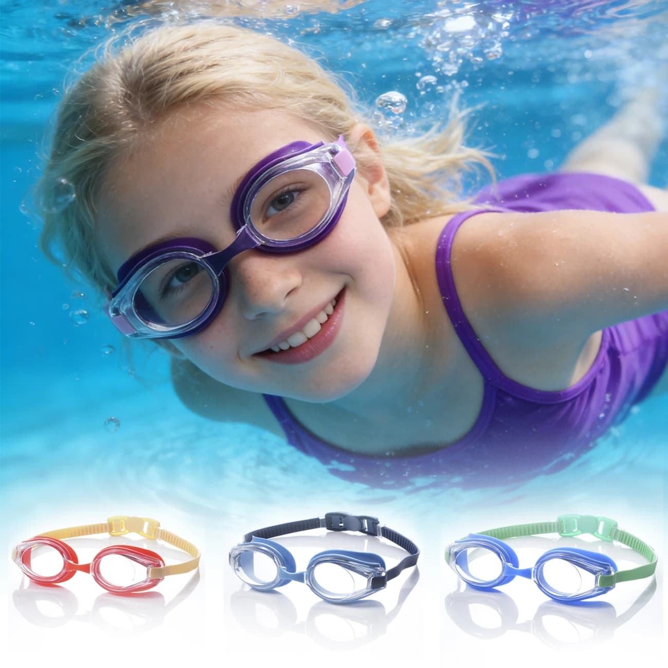 1 pezzo di accessori divertenti e sicuri per costumi da bagno per bambini, occhialini antiappannamento e anti-UV a prova di perdite, e giocattoli da piscina