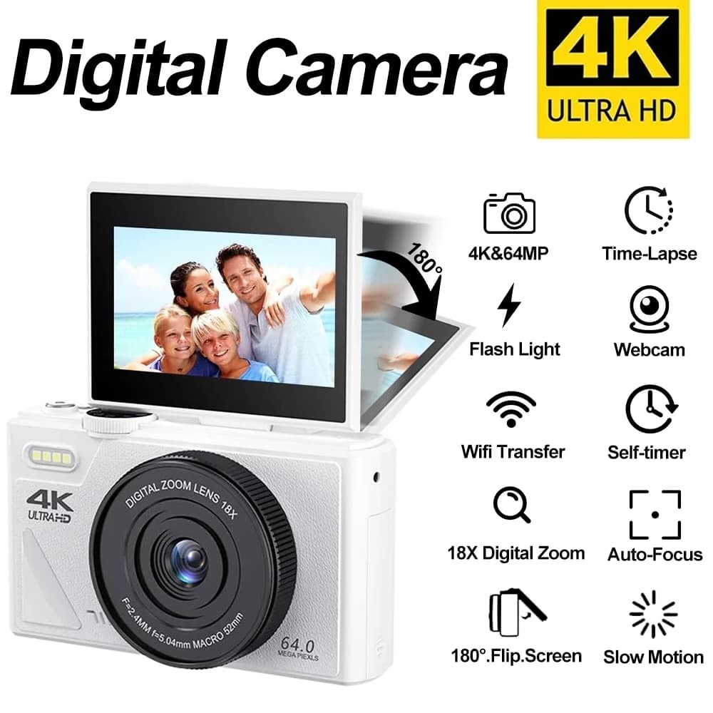 Fotocamera digitale da 64 MP Schermo ribaltabile da 3,0 "WIFI Zoom digitale 18X Videoregistratore Vlog vintage 4K Videocamere webcam YouTube