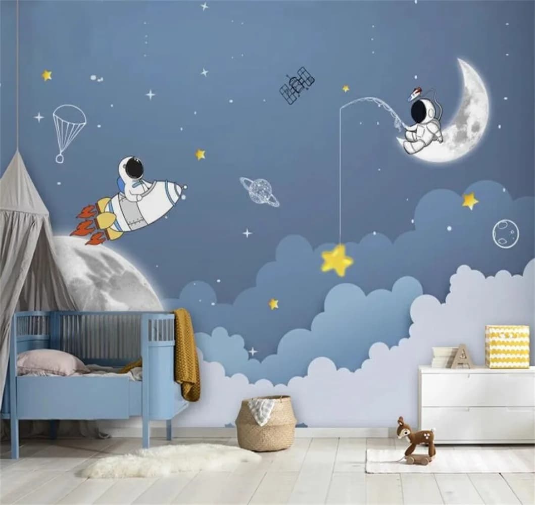 Semplice cartone animato cielo stellato carta da parati, pianeta spazio astronauta camera dei bambini murale camera da letto dei ragazzi scuola materna carta da parati 3d