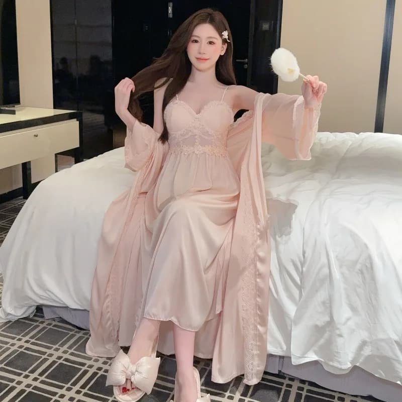 2PCS Lace Robe Set Female Bathrobe Suspender Nightdress V-Neck Kimono Gown Suit Spring Summer Women Satin Sleepwear Home Clothes