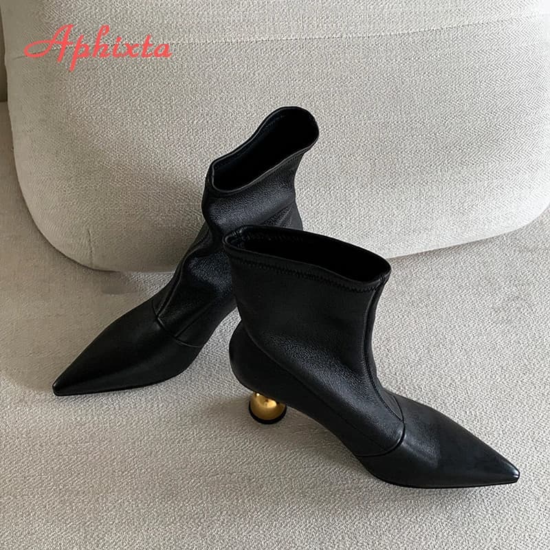 Aphixta Stivaletti da donna Tacco stile strano Stivale moderno nero Punta a punta 6,5 cm Tacchi alti Donna in morbida pelle 2025 Scarpe di tendenza