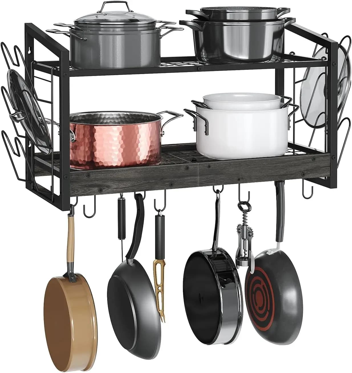 Portapentole sospeso, portapentole a parete, organizer per pentole e coperchi da cucina a 2 livelli, porta pentole a parete con 12 ganci, per K