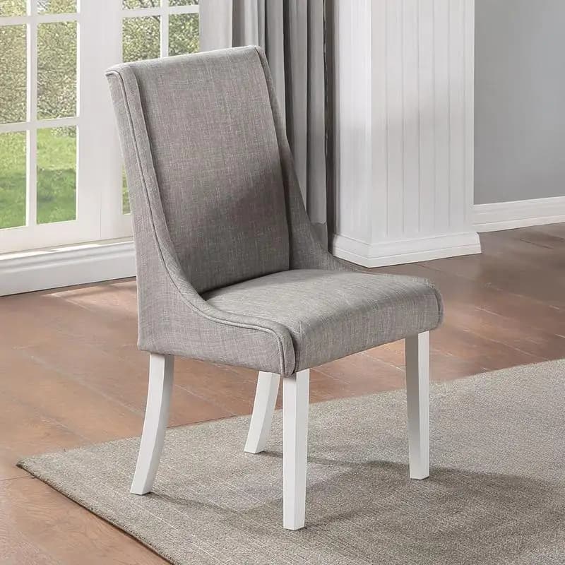 Set di 2 sedie laterali imbottite in lino grigio Classic Farmhouse, gambe bianche in legno, comodi mobili da pranzo