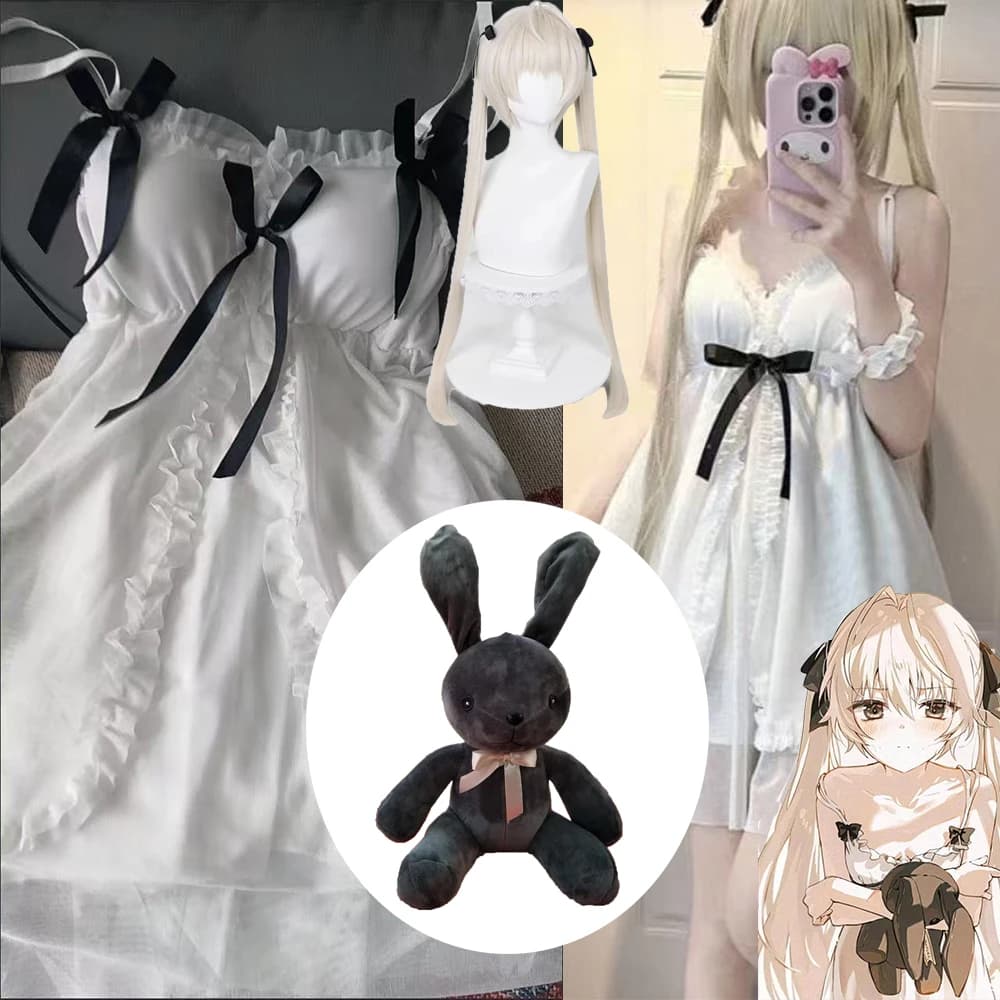 Anime Yosuga No Sora Kasugano Cosplay Costume Wig Kasugano Sora Bowknot Sling Nightdress Sweet Lolita Sleepwear Ruffle Dress