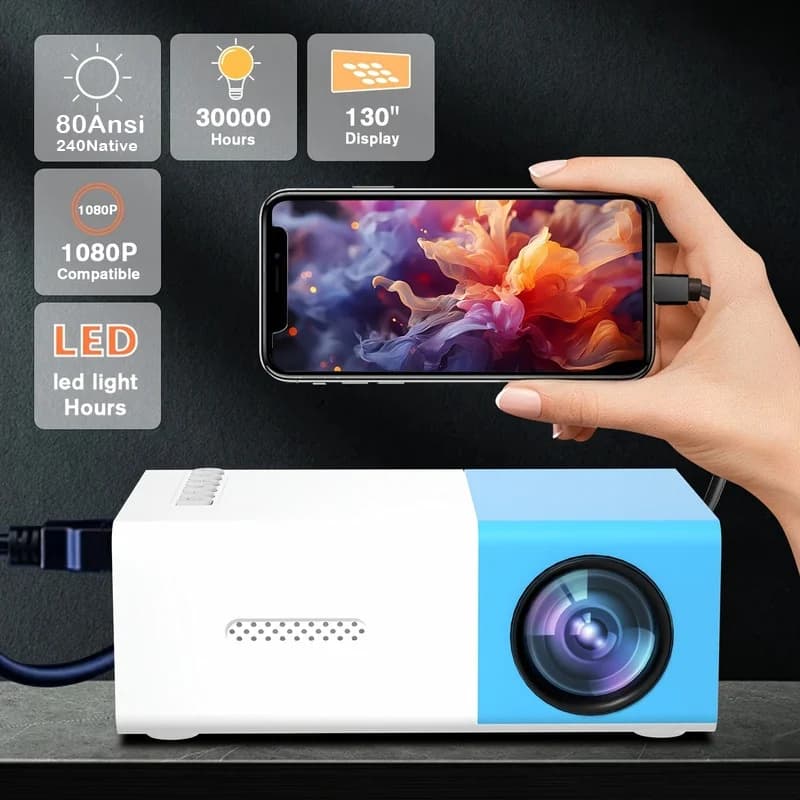 Mini proiettore YG300 con 80 ° Display, collegamento USB per cellulare, proiettore portatile da tavolo per home theater, ufficio e presentazioni