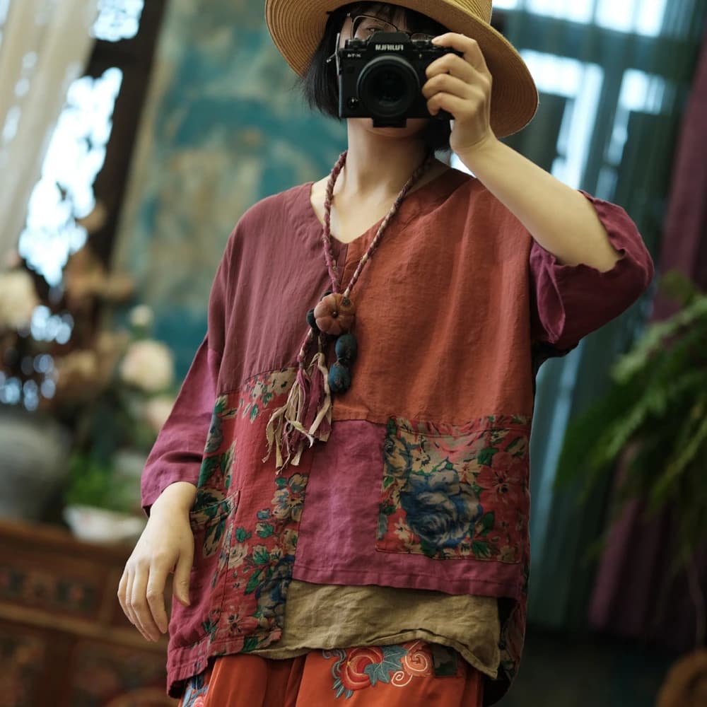 T-shirt casual da donna in cotone e lino Nuovo arrivo 2025 Estate stile vintage con scollo a V patchwork stampa allentata top femminili Tees M778